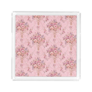 Antique French Pink Victorian Style Floral Rococo Acrylic Tray