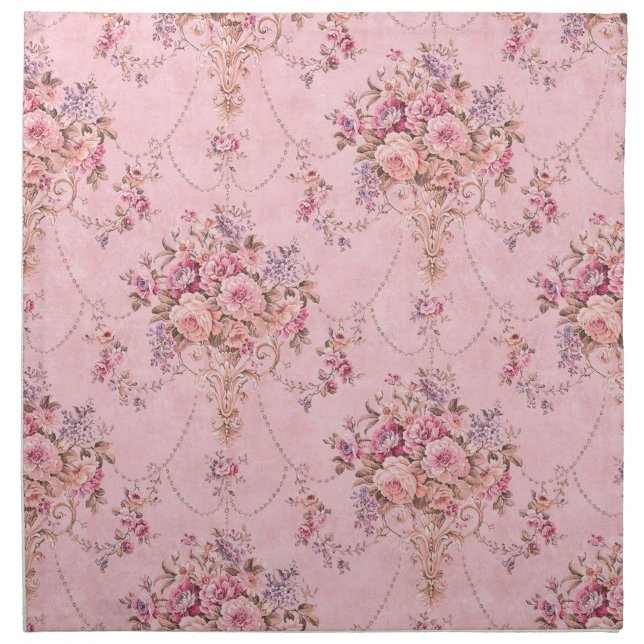 Antique French Pink Victorian Style Floral Rococo Cloth Napkin (Front)