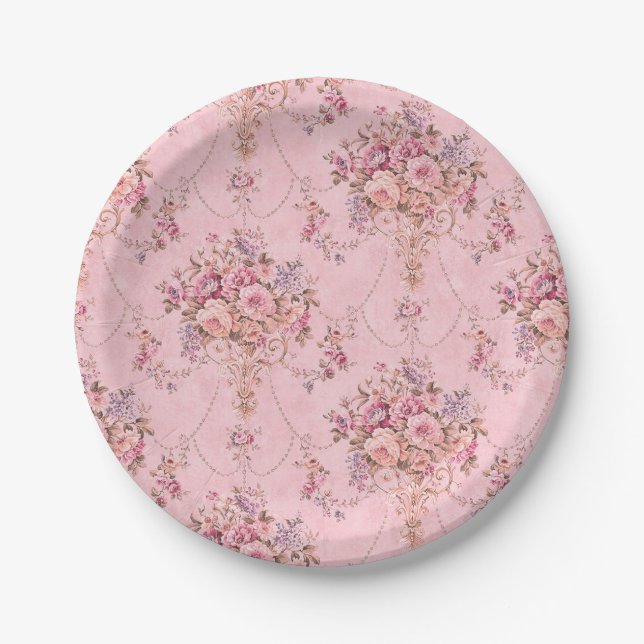 Antique French Pink Victorian Style Floral Rococo Paper Plates (Front)