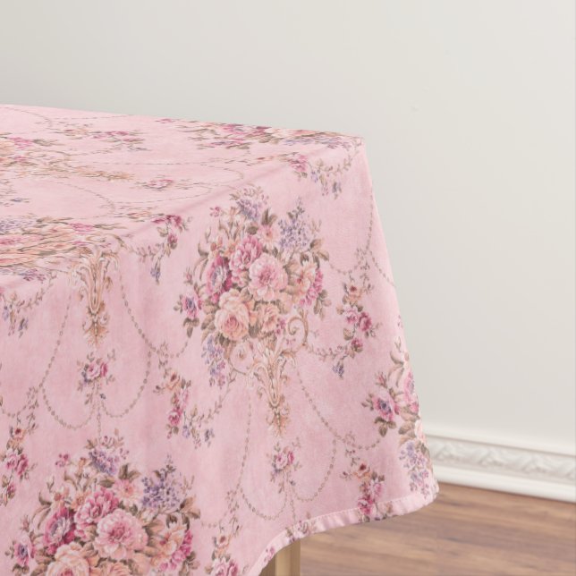 Antique French Pink Victorian Style Floral Rococo Tablecloth (In Situ)