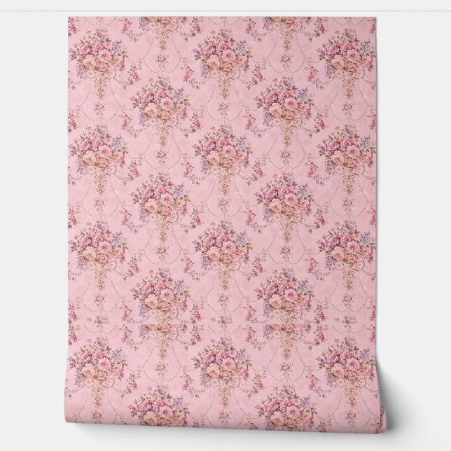 Antique French Pink Victorian Style Floral Rococo Wallpaper (Unrolling)