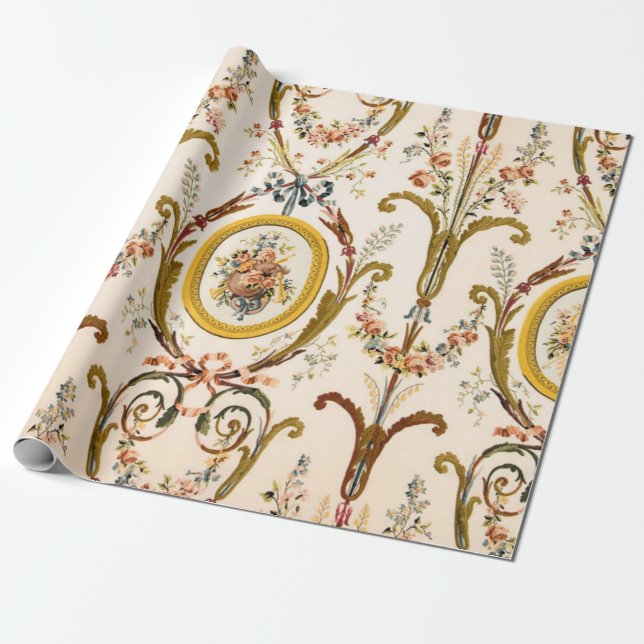Antique French Rococo Floral Gold Cream Decoupage Wrapping Paper (Unrolled)