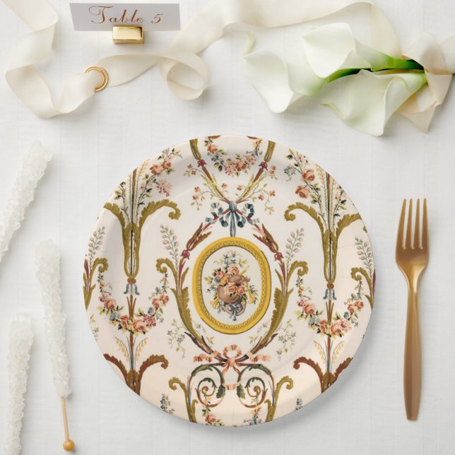 Antique French Rococo Floral Gold Cream Elegant Paper Plates (Wedding)