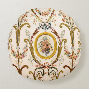 Antique French Rococo Floral Gold Cream Elegant Round Pillow