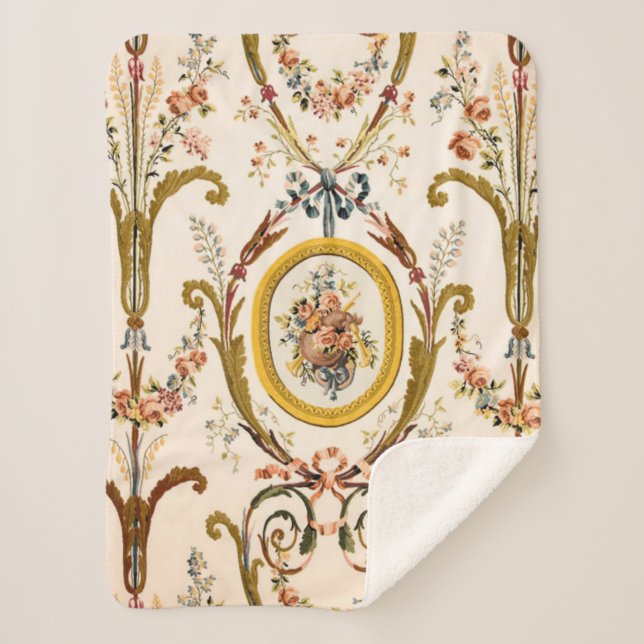 Antique French Rococo Floral Gold Cream Elegant Sherpa Blanket (Front)