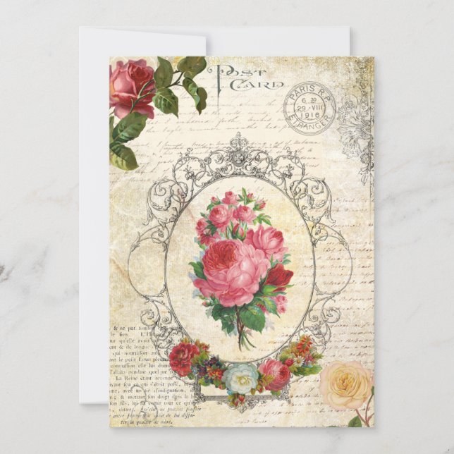 Antique French Rose Ephemera Note Card (Front)