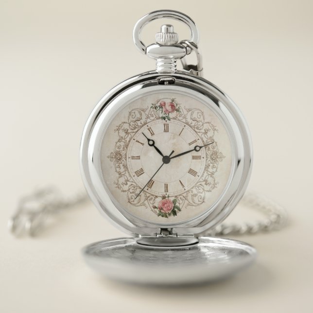 Antique French Roses Elegant Retro Pocket Watch (Inside)