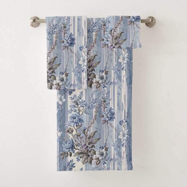 Antique French Style Blue and Gray Bath Towel Set (Insitu)