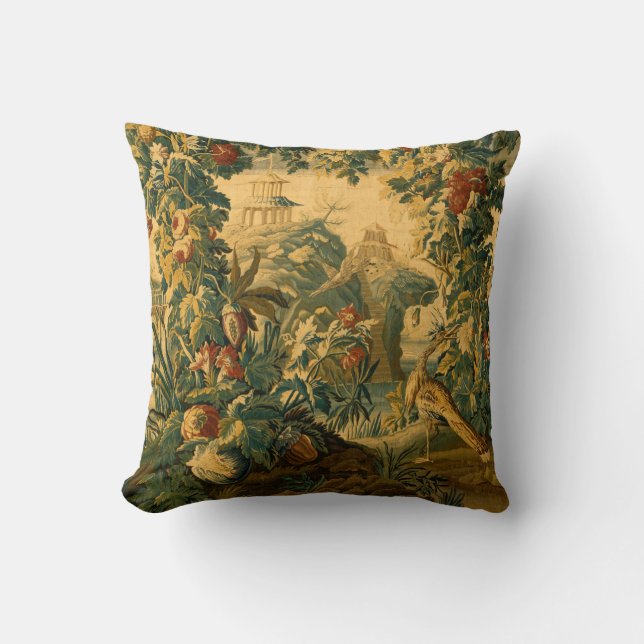 Antique French Tapestry Fantastic Landscape Print Throw Pillow (Front)