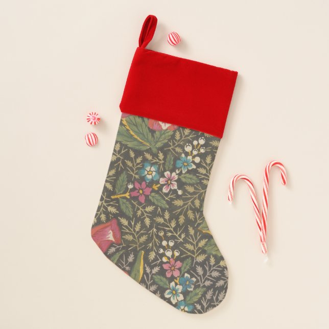 Antique French Toile de Jouy 1800s Floral Branches Christmas Stocking (Front)