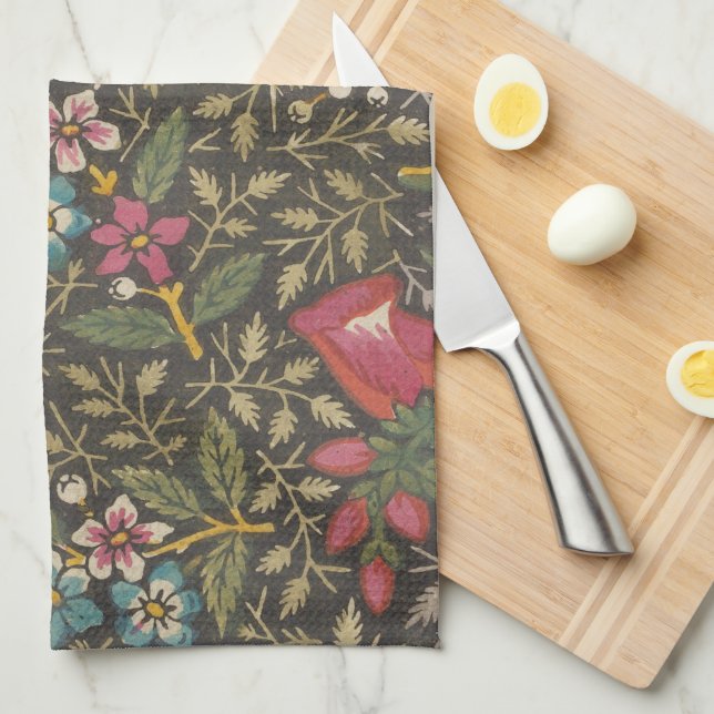 Antique French Toile de Jouy 1800s Floral Branches Kitchen Towel (Quarter Fold)