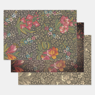 Antique French Toile de Jouy 1800s Floral Branches Wrapping Paper Sheets