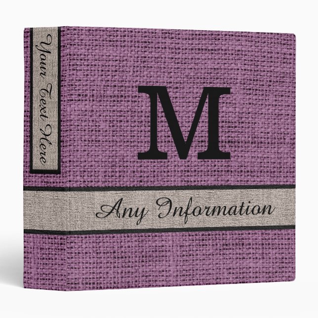 Antique fuchsia Burlap Linen Monogram 3 Ring Binder (Front/Spine)