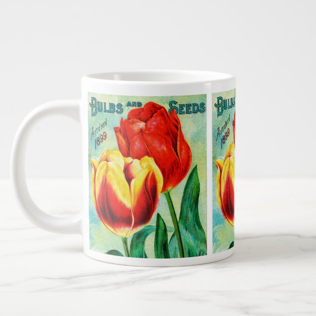 Antique Garden Advertisement, Yellow Red Tulips Giant Coffee Mug (Left)