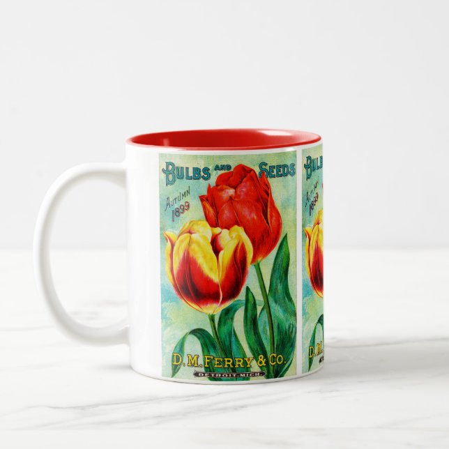 Antique Garden Advertisement, Yellow Red Tulips Two-Tone Coffee Mug (Left)