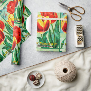 Antique Garden Advertisement, Yellow Red Tulips Wrapping Paper