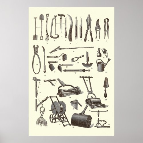 Antique Garden Tools from Old Dictionary Poster