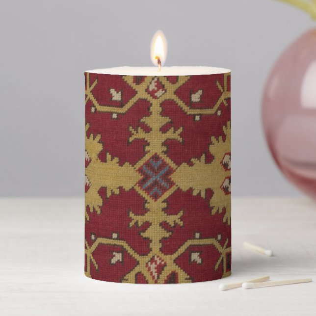 Antique Geometric Oriental Persian Red Pattern  Pillar Candle (In Situ)