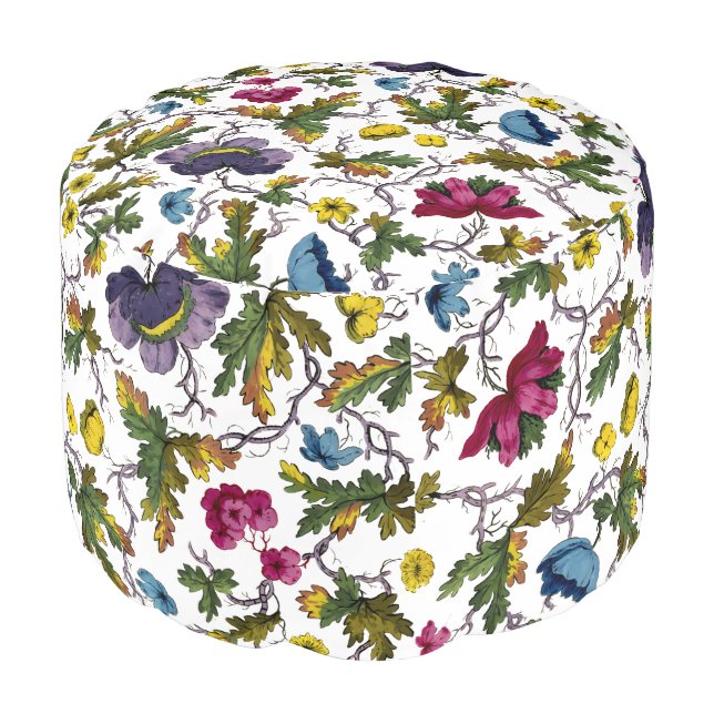 Antique Georgian Era Floral Pattern Print Pouf (Angled Front)