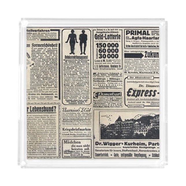 Antique German Newspaper Advertisements 1917 Acrylic Tray (Front)