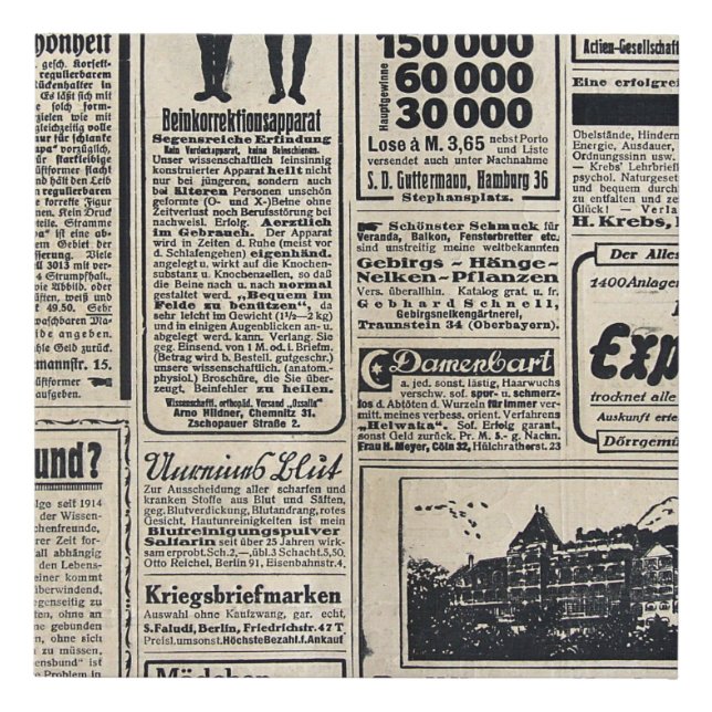 Antique German Newspaper Advertisements 1917 Faux Canvas Print (Front)
