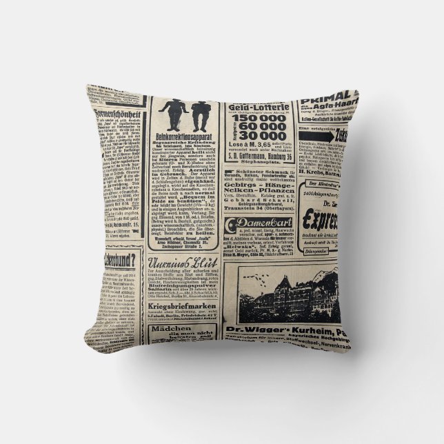 Antique German Newspaper Advertisements 1917 Throw Pillow (Front)