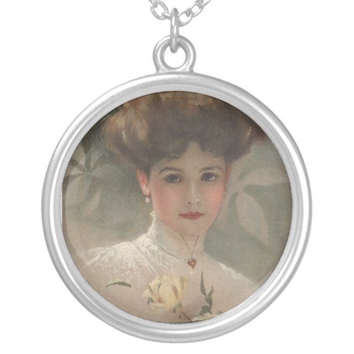 Antique Gibson Girl Litho 1908 White Rose Necklace