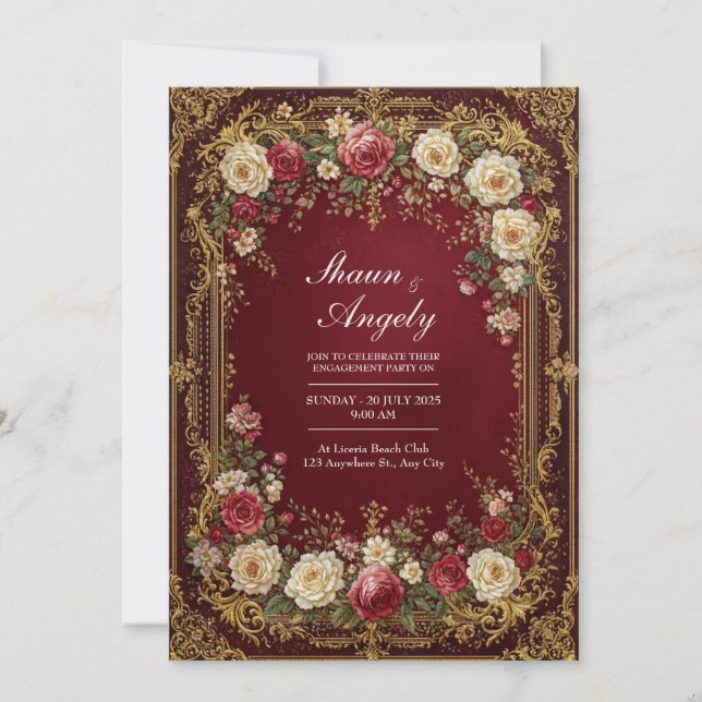 Antique Gilded Burgundy Floral Formal Wedding Invitation (Front)