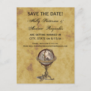 Antique Globe, Distressed BG Save the Date Announcement Postcard