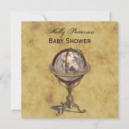 Antique Globe, Distressed BG SQ Baby Shower Invites