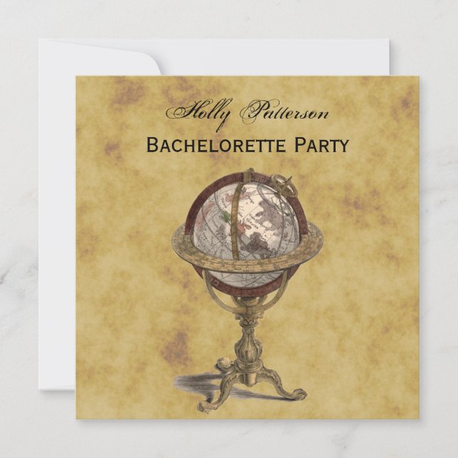 Antique Globe, Distressed BG SQ Bachelorette Invitation (Front)