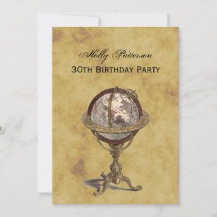 Antique Globe, Distressed BG V Birthday Invitation