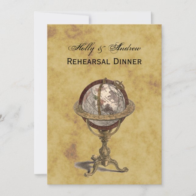 Antique Globe, Distressed BG V Rehearsal Din Invitation (Front)