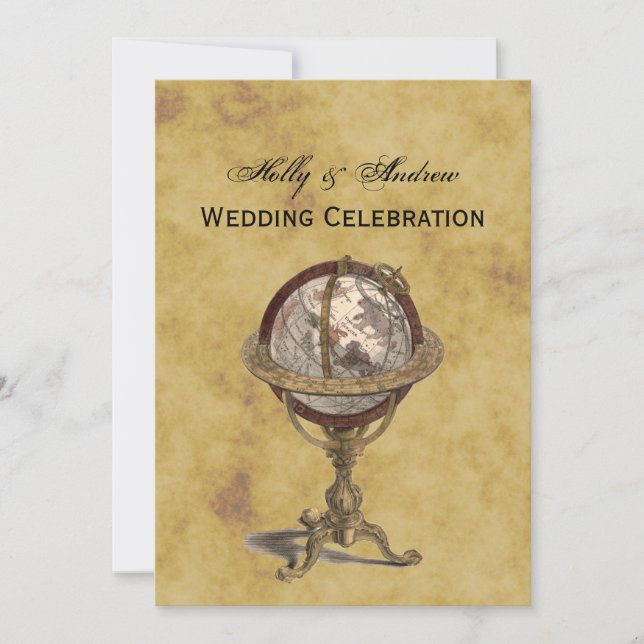 Antique Globe, Distressed BG V Wedding Invitation (Front)