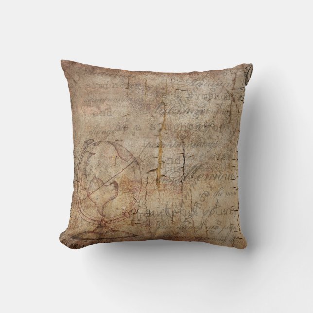 Antique Globe Distressed Rustic Brown Throw Pillow (Front)
