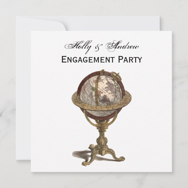 Antique Globe, White BG SQ Engagement Invitation (Front)