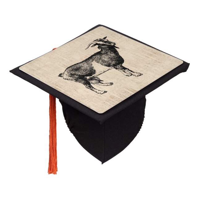 Antique Goat Illustration with Script Background Graduation Cap Topper (Angled)
