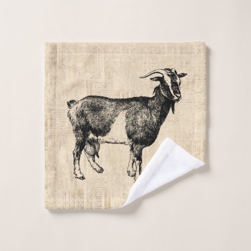 Antique Goat Illustration with Script Background Wash Cloth