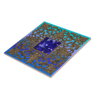 Antique Gold and Sapphire Peacock Tile