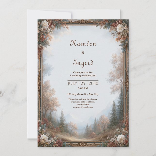 Antique Gold Autumn Forest Frame Wedding Invitation (Front)