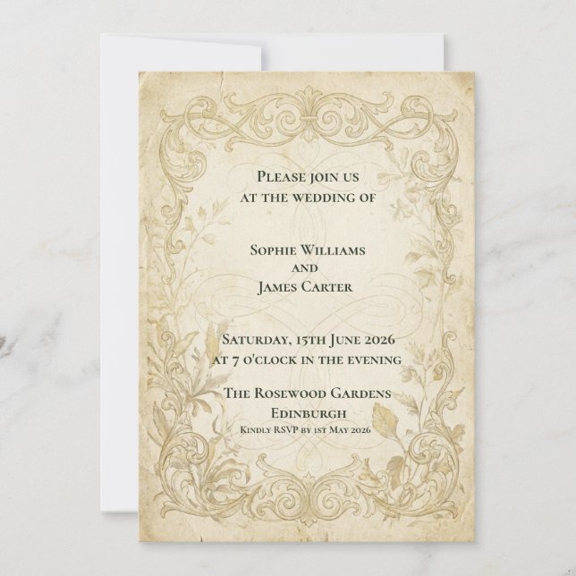 Antique Gold Baroque Wedding Invitation (Front)