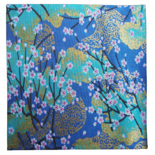 Antique Gold Blue White Japanese Kimono Floral Cloth Napkin