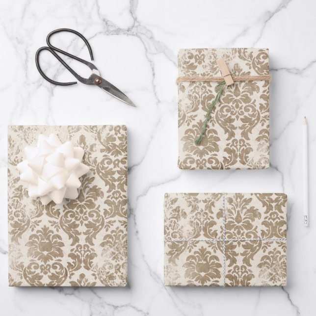 Antique Gold Damask Pattern Wrapping Paper Sheets (Front)