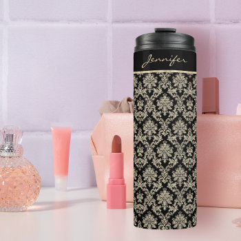 Antique Gold Damask Personalized Thermal Tumbler by AvenueCentral at Zazzle