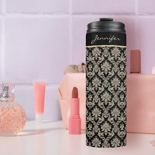 Antique Gold Damask Personalized Thermal Tumbler