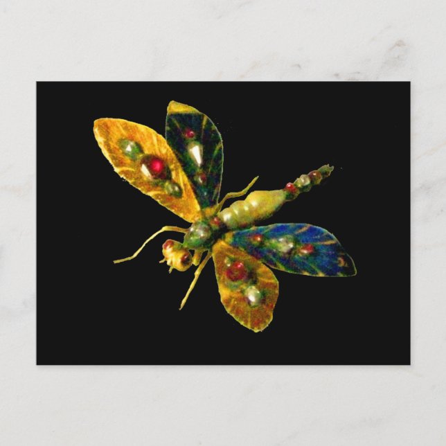 ANTIQUE GOLD DRAGONFLY JEWEL ,GEMSTONES IN BLACK POSTCARD (Front)
