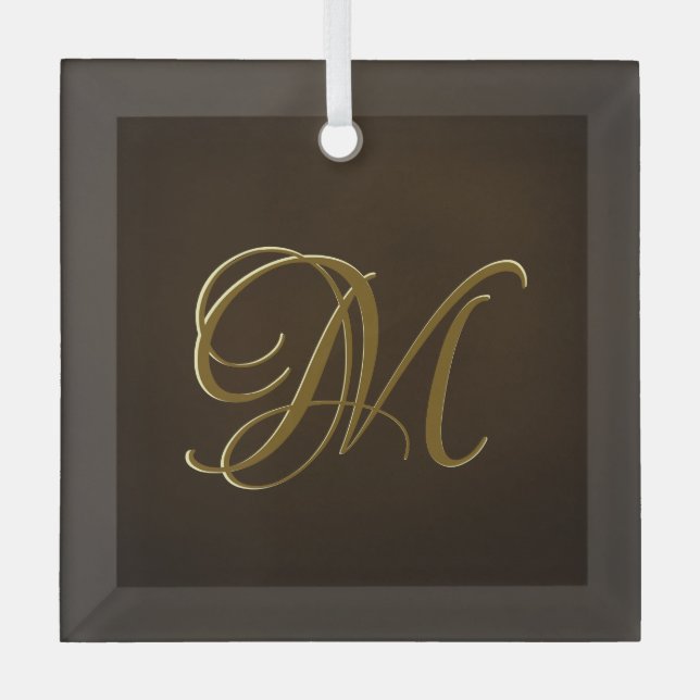 Antique Gold Embossed Monogram Personalized Gift Glass Ornament (Front)