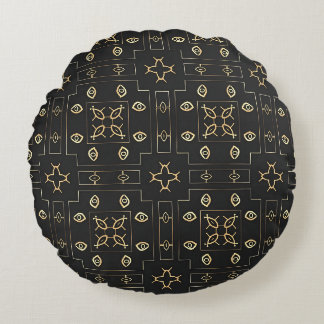 Antique Gold Eye Motif on Black Round Pillow