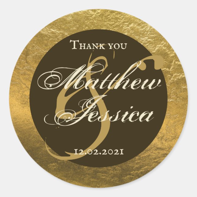 Antique Gold Faux Metal Personalized Name Date Classic Round Sticker (Front)
