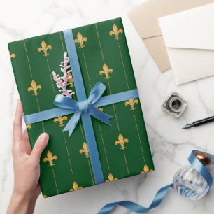 Antique Gold Fleur-de-Lis Dark Green Wrapping Paper